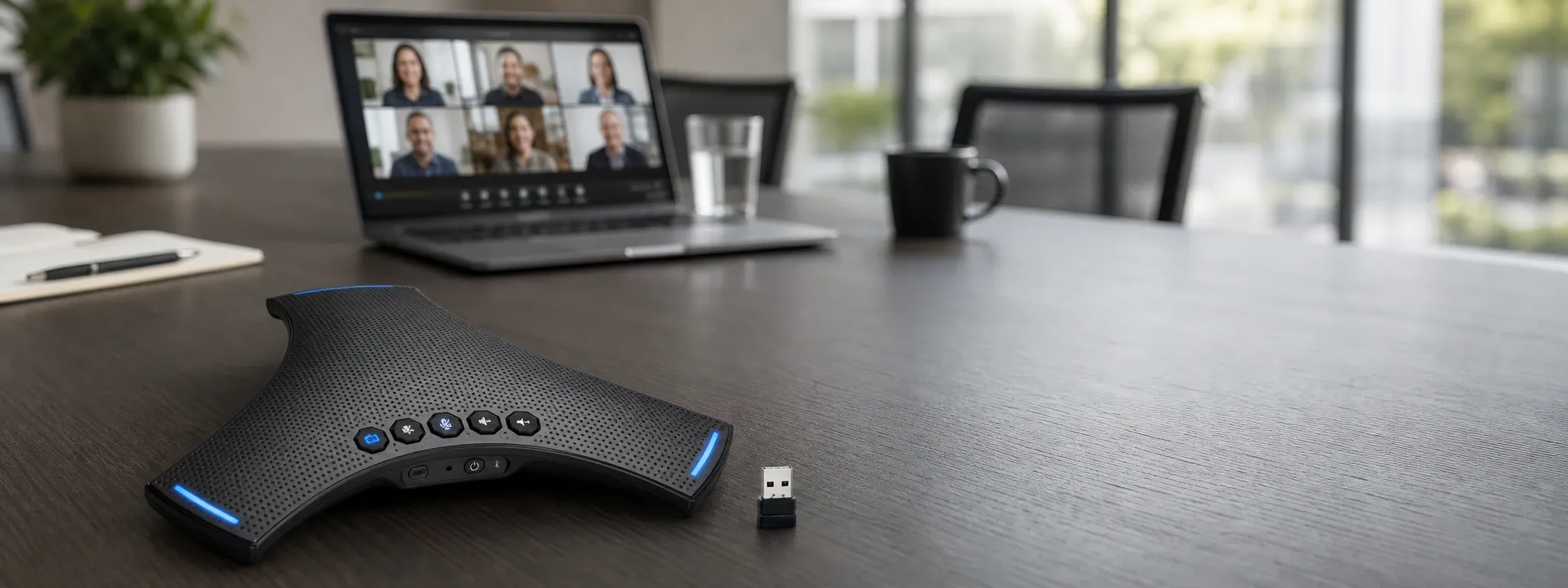Business conference speakerphone on a meeting room table beside a laptop showing a video call, with a USB dongle and office items in the background.